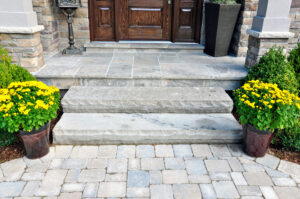natural stone steps, and paver walkway